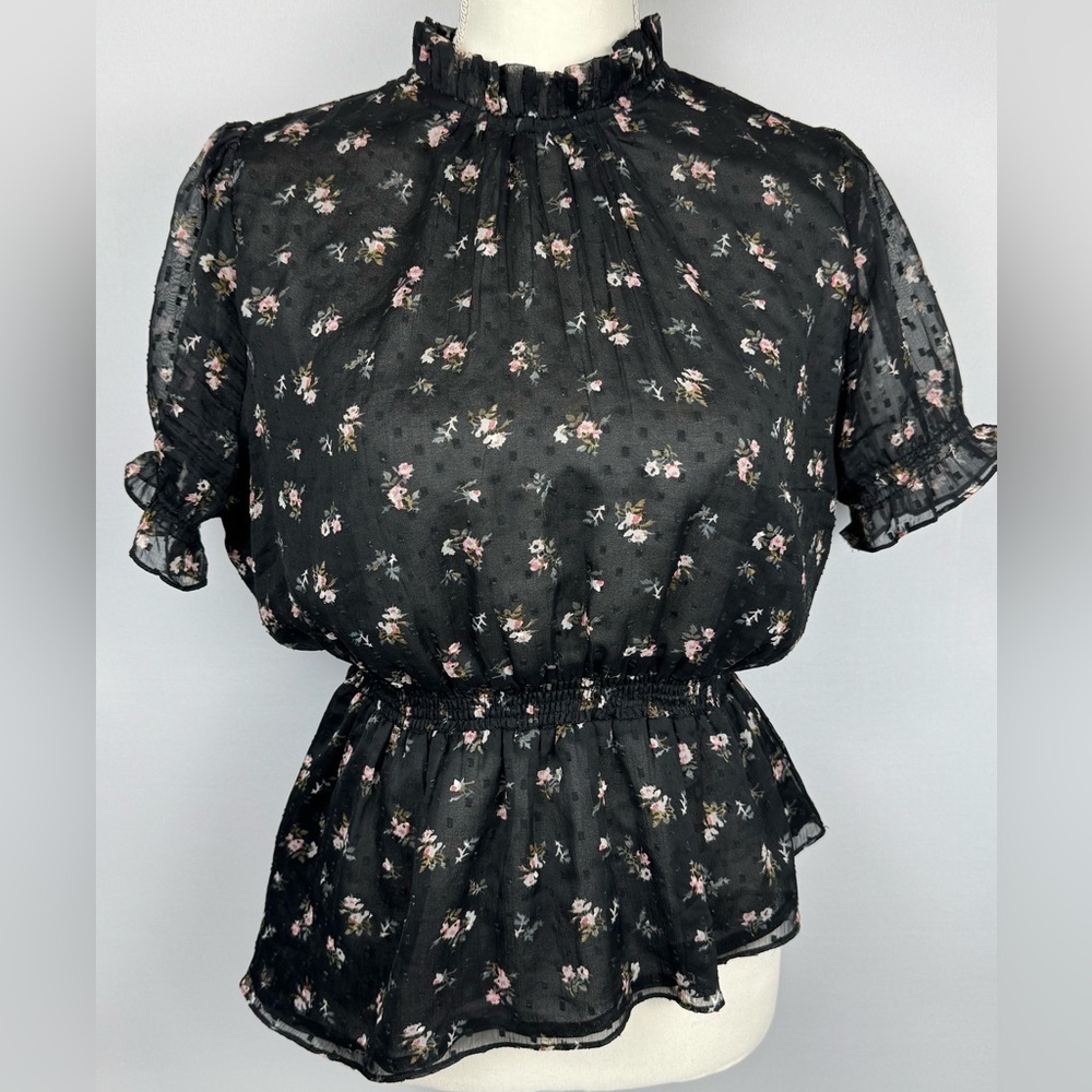 Walter Baker Peplum Blouse Short Puff Sleeves Asymmetric Hem Ruffle Neck Medium